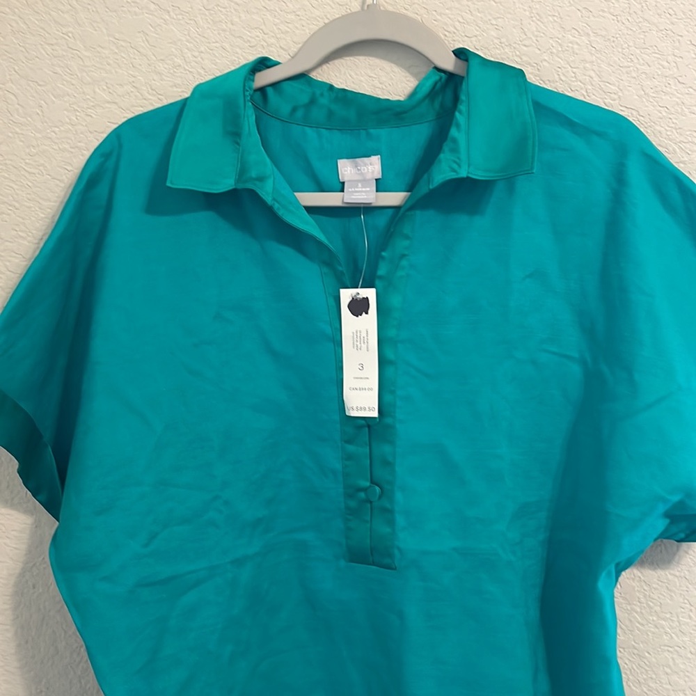♥️ NWT Chico’s Linen Popover Blouse Sz 3 ( US 16/18) Jade Green - Picture 4 of 8